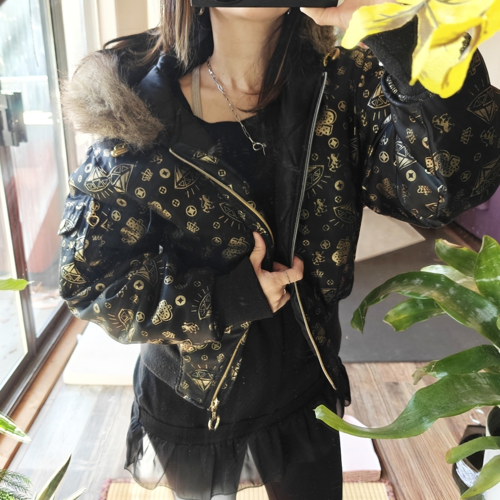Hurry !!Store Close in A Week!! Lady Raw Blue Y2K  Black and Gold Bomber Jacket